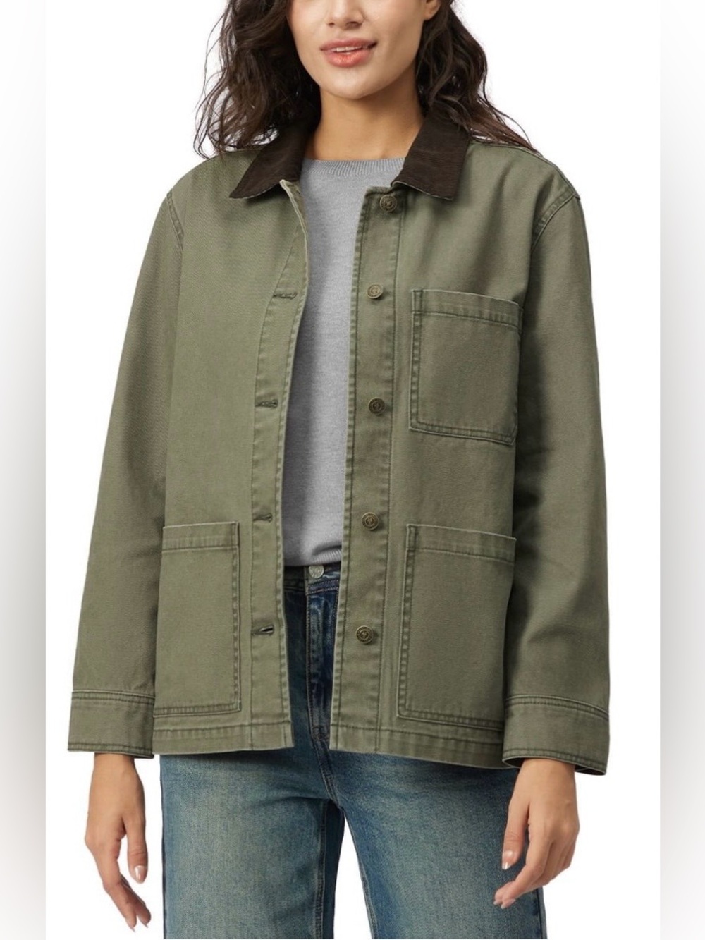 Frye Olive Green Utility Barn Jacket with Dark Brown Collar